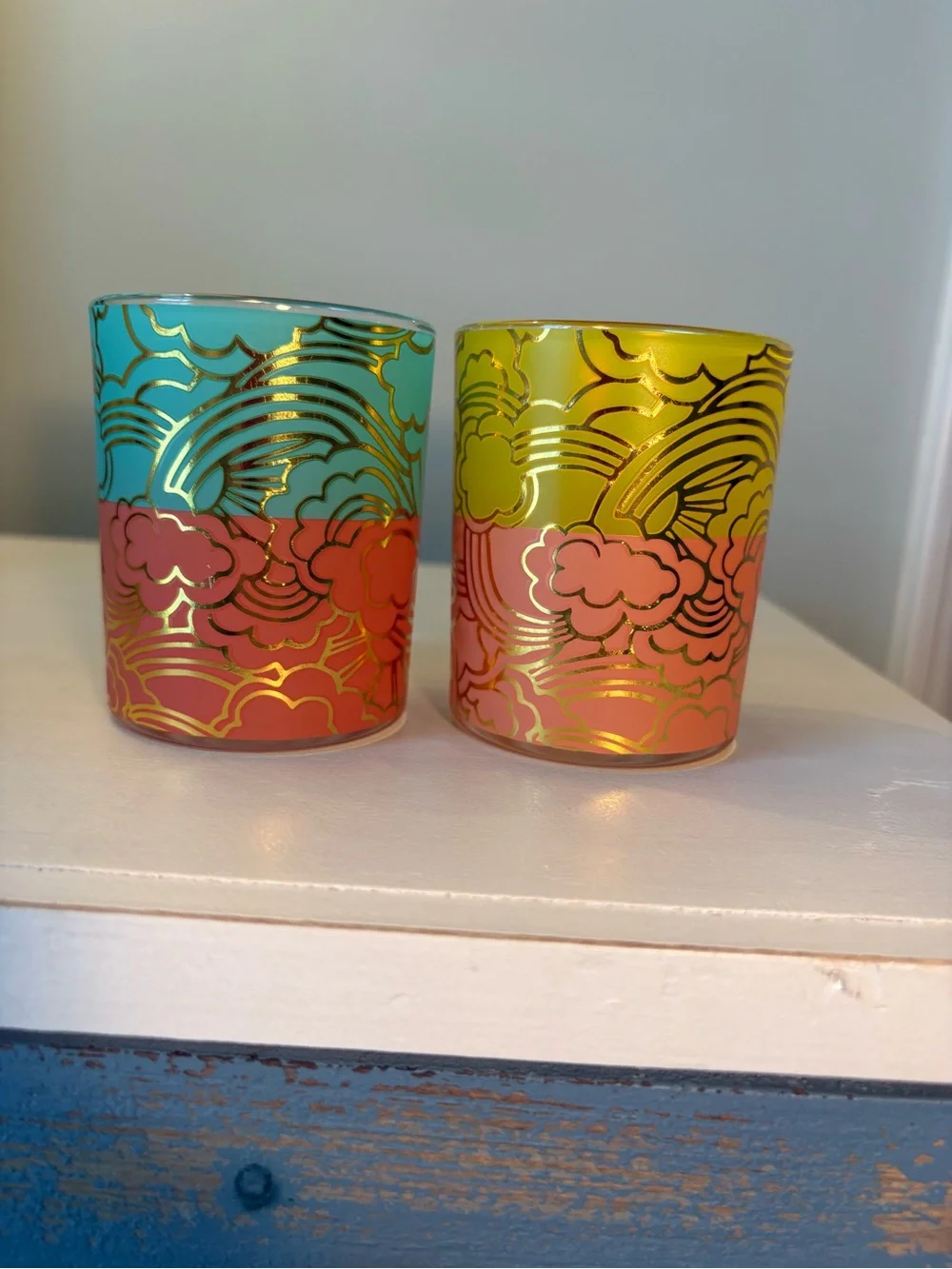 Set of 2 Colorful Cloud Pattern Glass Votives – Aqua & Yellow (HEAVY)